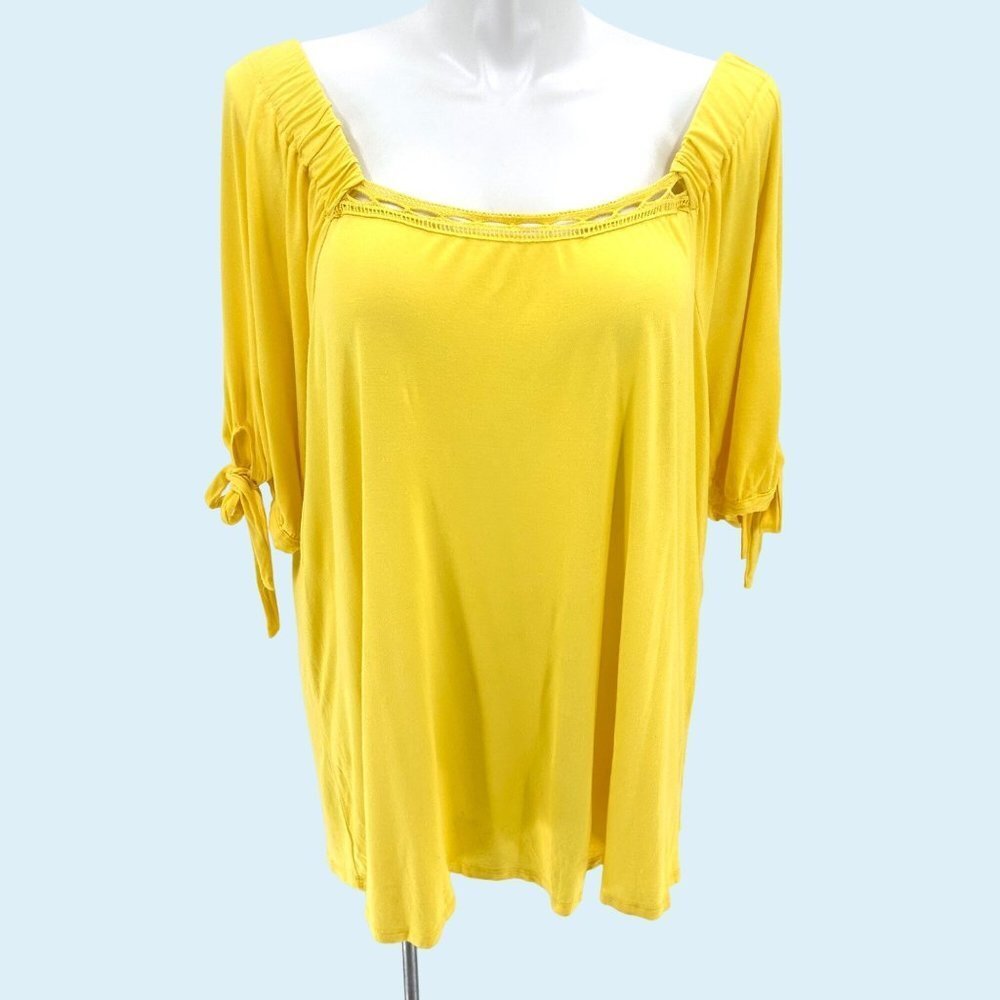 CABLE & GAUGE BRIGHT YELLOW TIE SLEEVE ON/OFF SHOULDER TOP - 3X